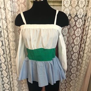 white, green and blue top